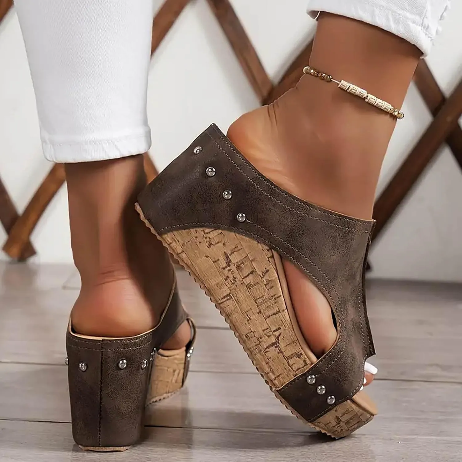 Orthopedic Platform Wedge Sandals for Women Summer Dressy Thick Sole Comfy Leather Wedges Comfortable Cork Platform Sandals Non Slip Summer Slides Casual Dress Shoes