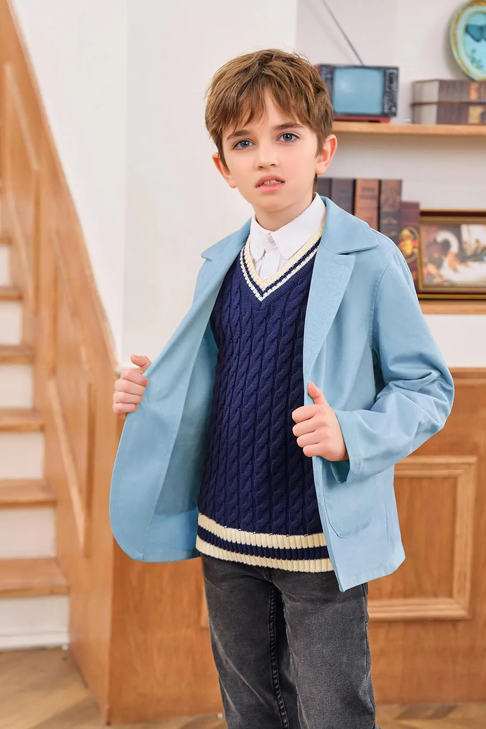 PASLTER Boys Blazer Button Closure Notched Lapel Casual Kids Teen Suit Jacket School Uniform Trench Coat