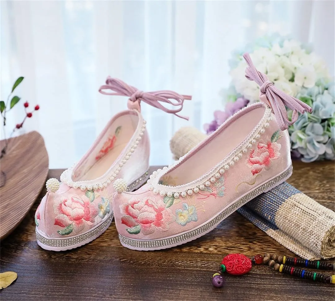 Pearls Knitted Women Velvet Cotton Embroidered Hidden Platform Shoes Ankle Strap Ladies Casual Sneakers