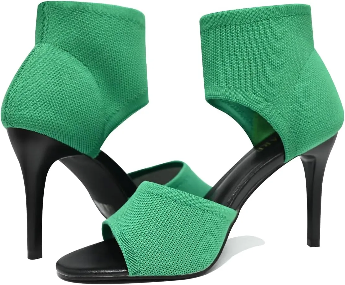 Peep Toe Heels for Women Sexy 3 Inches Stiletto High Heels for Women Dressy Slip On Comfortable Wide Stretchy Heels Knit Open Toe Booties Sandals Black Heels Sandals for Prom, Party and Work