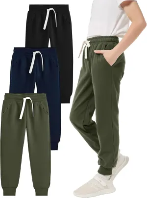 PEHMEA Boys Girls Sweatpants 3 Pack Active Jogger Pants with Pockets Drawstring for Kids 5-14 Years
