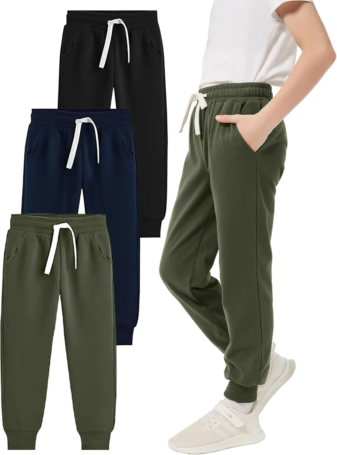 PEHMEA Boys Girls Sweatpants 3 Pack Active Jogger Pants with Pockets Drawstring for Kids 5-14 Years