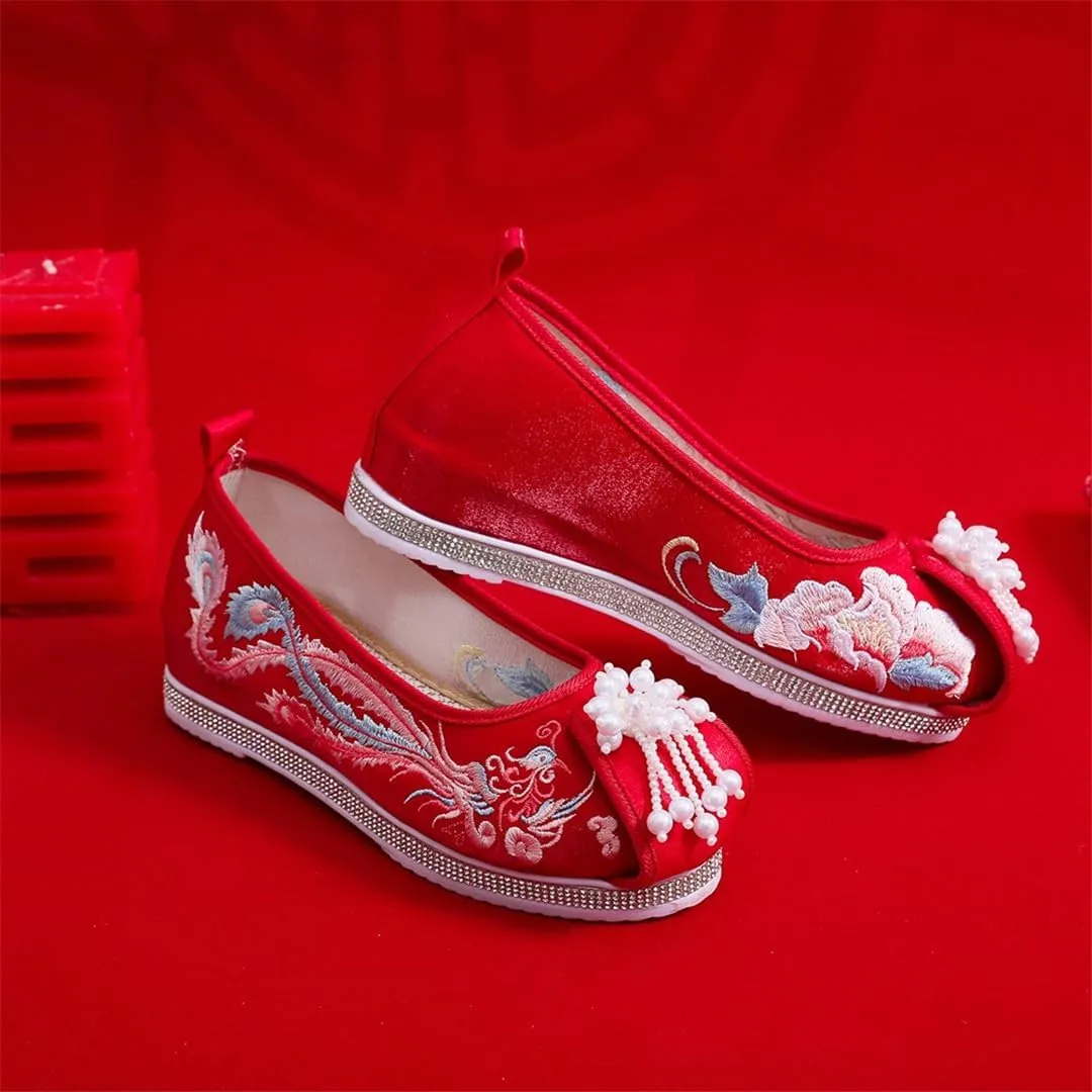 Phoenix Embroidered Women Velvet Cotton Platform Shoes With Pearls Knitted Retro Chinese Red Wedding Bridal Shoes