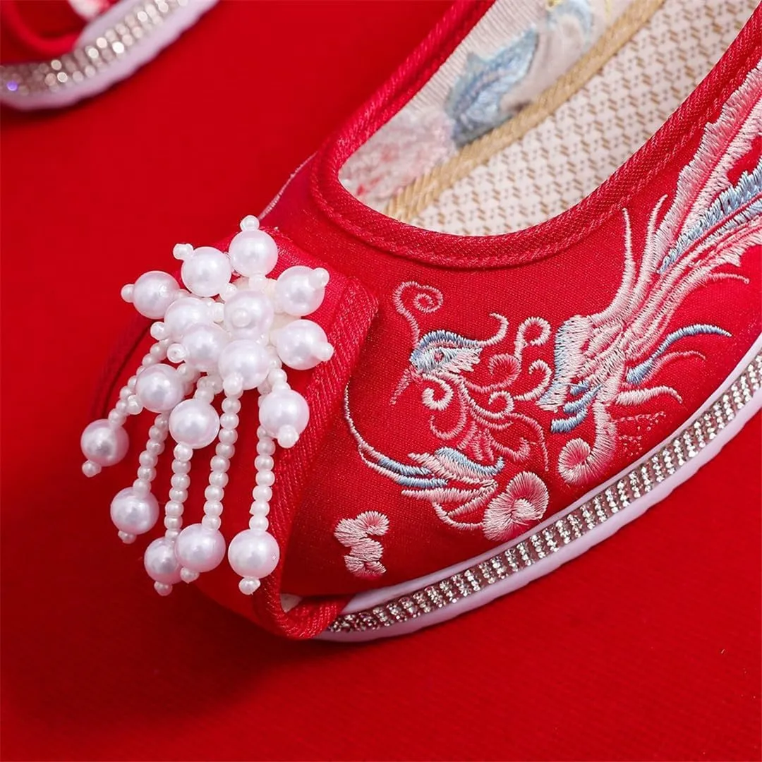 Phoenix Embroidered Women Velvet Cotton Platform Shoes With Pearls Knitted Retro Chinese Red Wedding Bridal Shoes