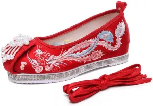 Phoenix Embroidered Women Velvet Cotton Platform Shoes With Pearls Knitted Retro Chinese Red Wedding Bridal Shoes