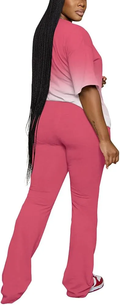 PINSV Women 2 Piece Outfits Short Sleeve Top and Flare Pants Lounge Sets Tracksuit
