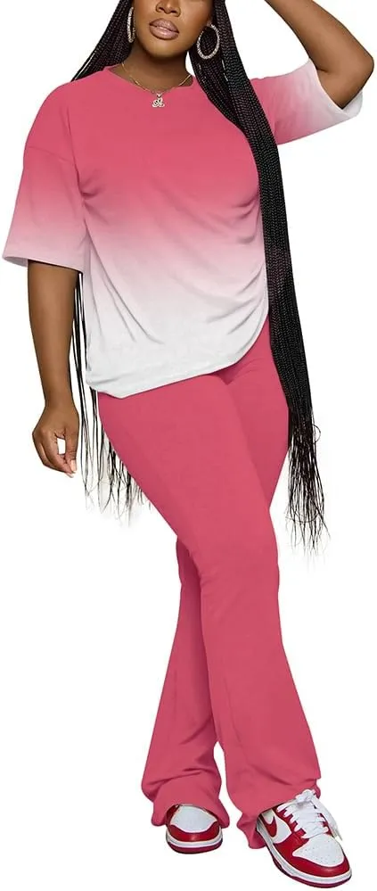 PINSV Women 2 Piece Outfits Short Sleeve Top and Flare Pants Lounge Sets Tracksuit