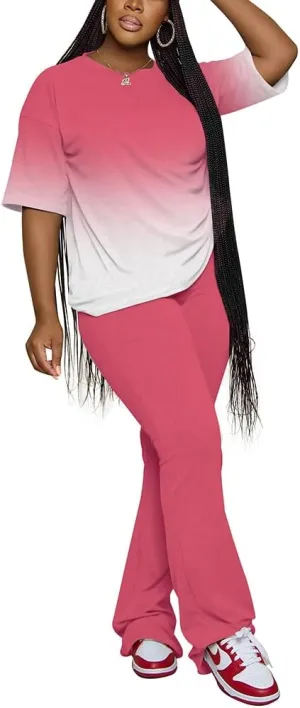 PINSV Women 2 Piece Outfits Short Sleeve Top and Flare Pants Lounge Sets Tracksuit