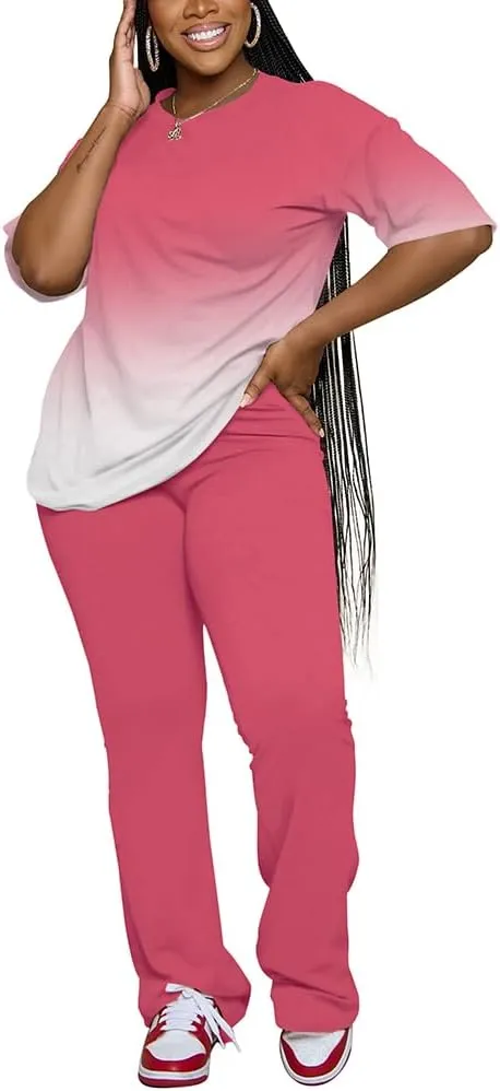 PINSV Women 2 Piece Outfits Short Sleeve Top and Flare Pants Lounge Sets Tracksuit
