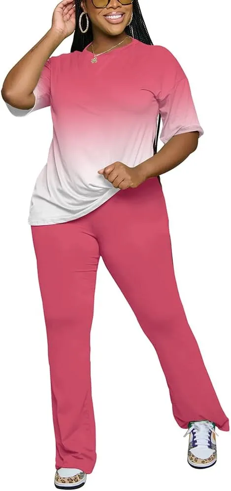PINSV Women 2 Piece Outfits Short Sleeve Top and Flare Pants Lounge Sets Tracksuit