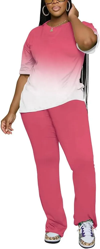 PINSV Women 2 Piece Outfits Short Sleeve Top and Flare Pants Lounge Sets Tracksuit