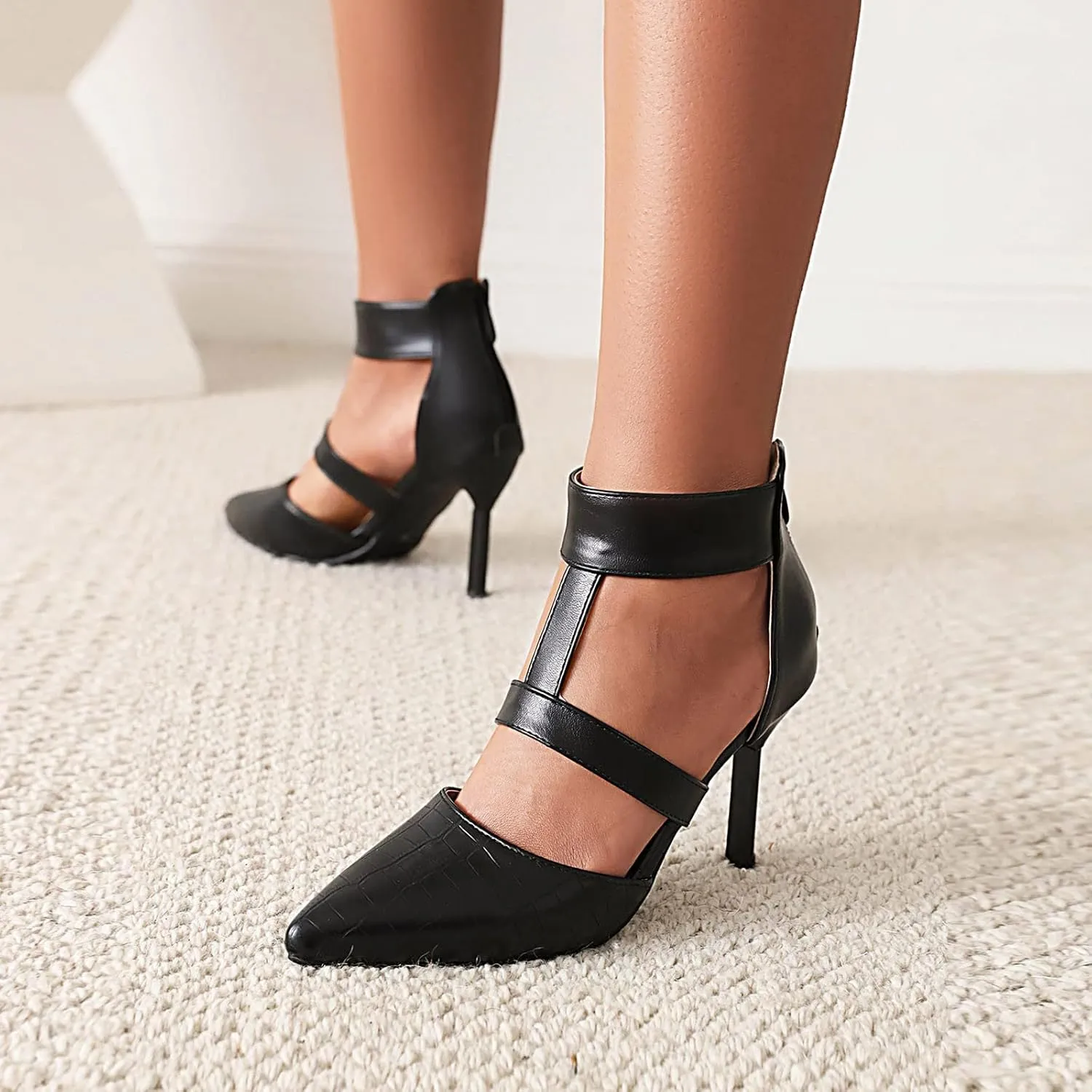 Pointed Toe Stilettos for Women Dressy Summer Fashion Back Zip Ankle Strap Hollow Closed Toe Super High Heel Sandals Comfy Casual Plaid Shoes