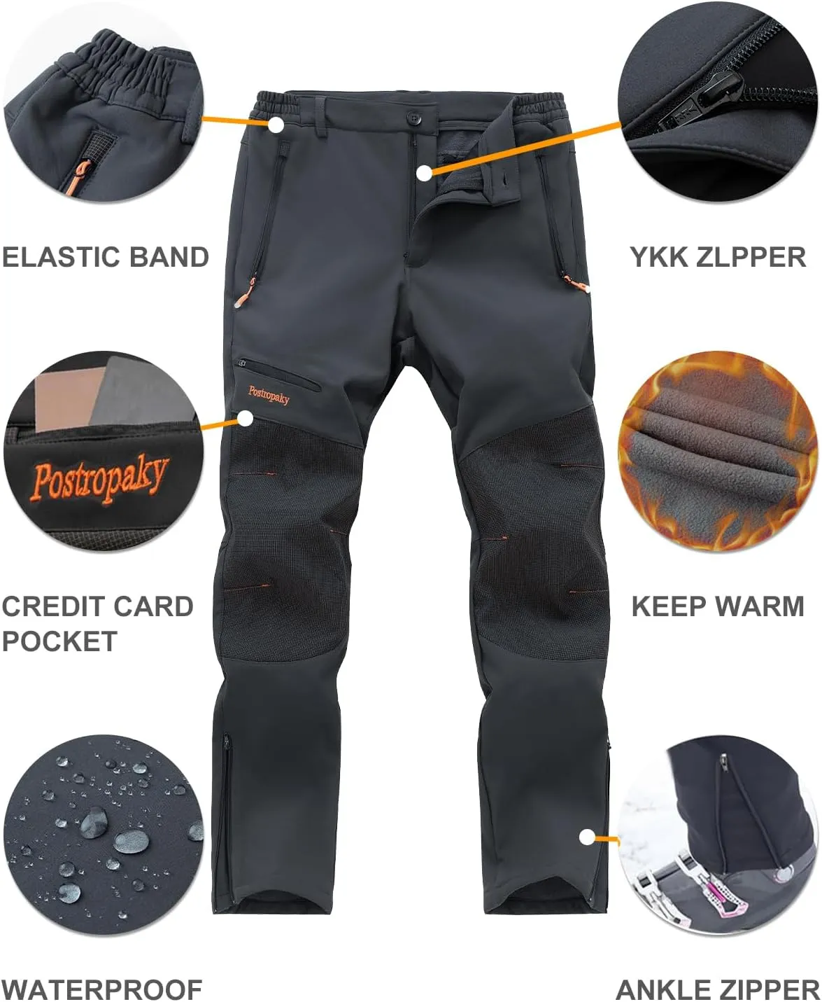 Postropaky Mens Hiking Snow Ski Pants Waterproof Outdoor Insulated Softshell Pants Snowboard Zipper Bottom Leg