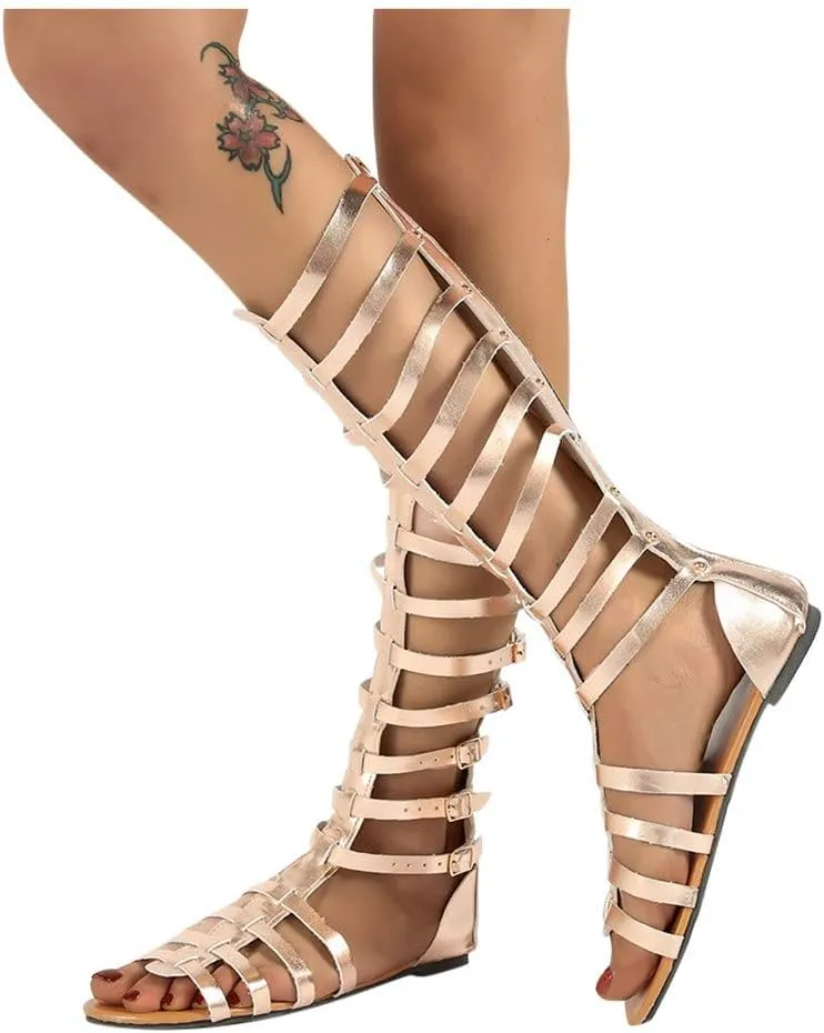 Roman Sandals For Women Buckle Strap Knee High Boot Shoes Cutout Vintage Party Casual Sandal 2025 Summer Fashion Flats