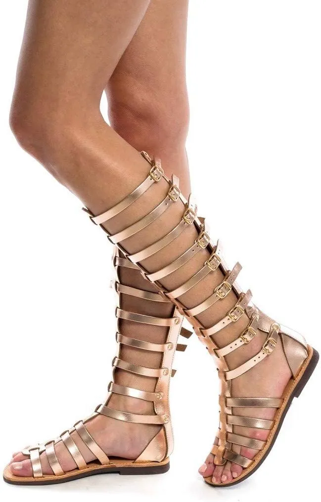Roman Sandals For Women Buckle Strap Knee High Boot Shoes Cutout Vintage Party Casual Sandal 2025 Summer Fashion Flats