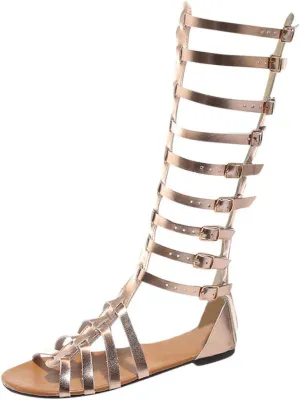 Roman Sandals For Women Buckle Strap Knee High Boot Shoes Cutout Vintage Party Casual Sandal 2025 Summer Fashion Flats