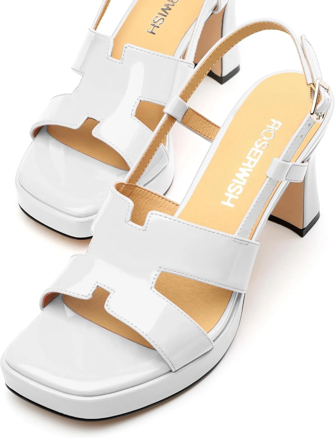 ROSERWISH Heels for Women Chunky Block Platform High Heels Square Open Toe Strappy Heel Sandals Wedding Party Prom Fashion Slingback Dress Pump Sandals Shoes