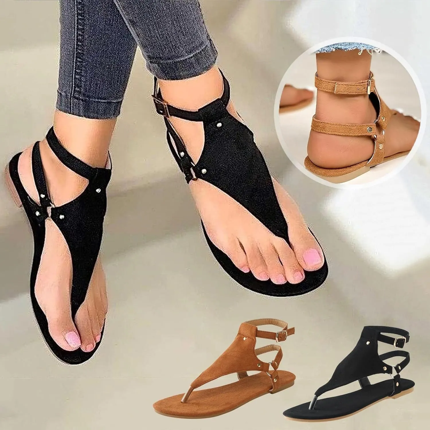 Sandals for Women Dressy Summer Thong Flip Flops Comfortable Ankle Strap Strappy Flat Sandals Walking Shoes Beach Sandals