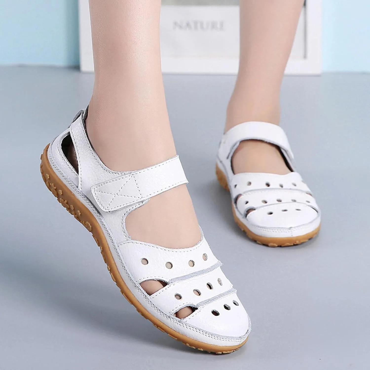 Sandals Women Dressy Summer Flat Round Toe Closed Toe Hook and Loop Clogs Comfy Soft Sole Non-Slip Outdoor Ladies Shoes
