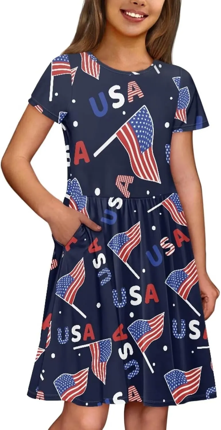 Short Sleeve Dresses for Girls School Dress with Pockets Twirly Skater Dress for 3-14 Years Old