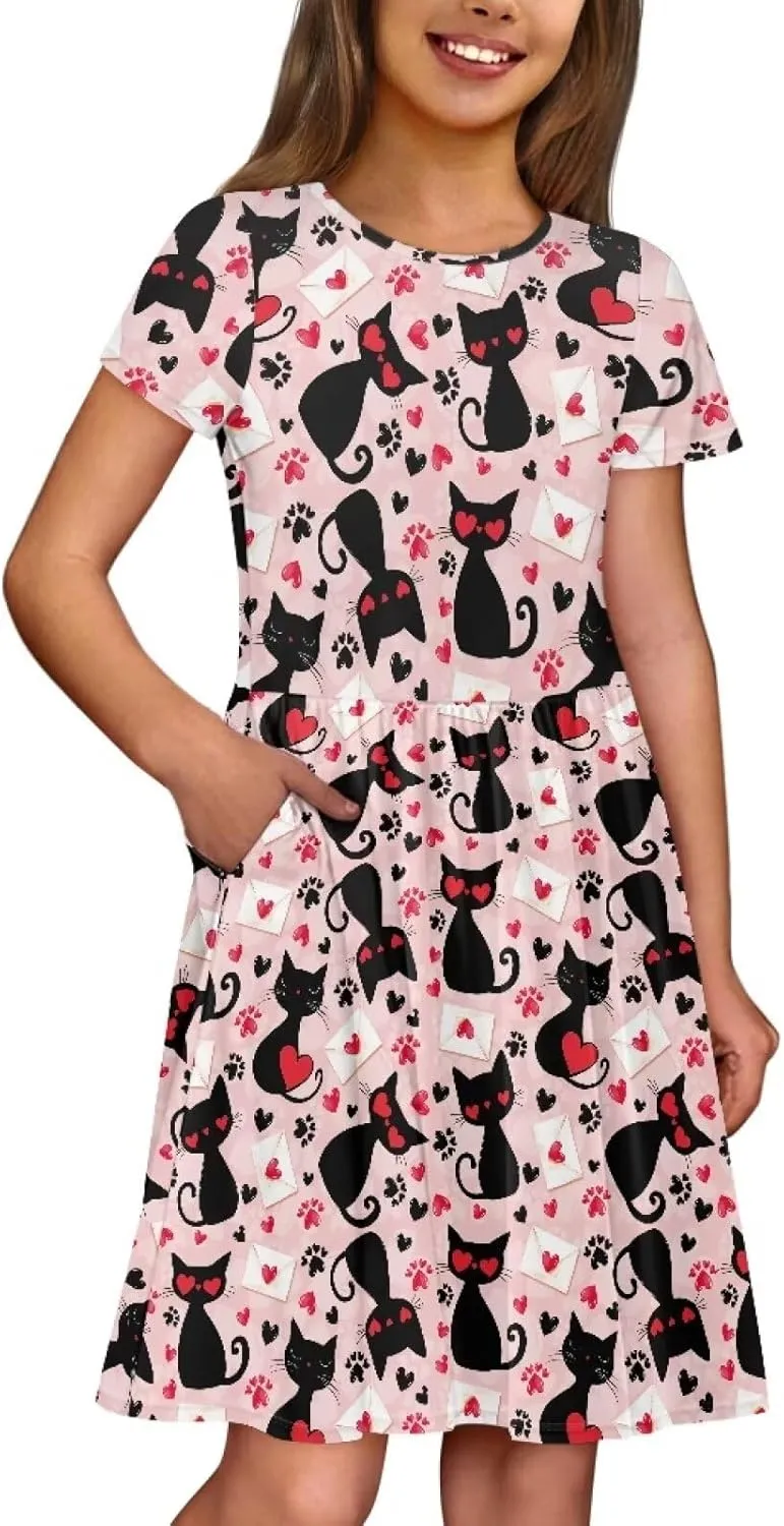 Short Sleeve Dresses for Girls School Dress with Pockets Twirly Skater Dress for 3-14 Years Old