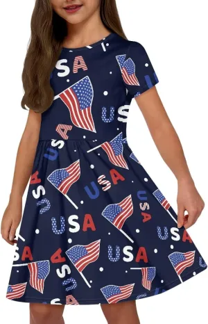 Short Sleeve Dresses for Girls School Dress with Pockets Twirly Skater Dress for 3-14 Years Old