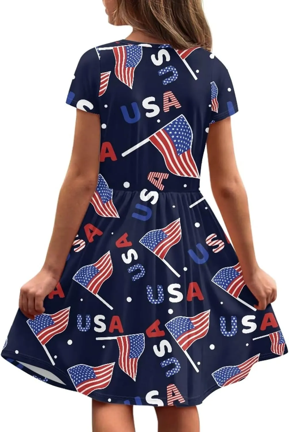 Short Sleeve Dresses for Girls School Dress with Pockets Twirly Skater Dress for 3-14 Years Old