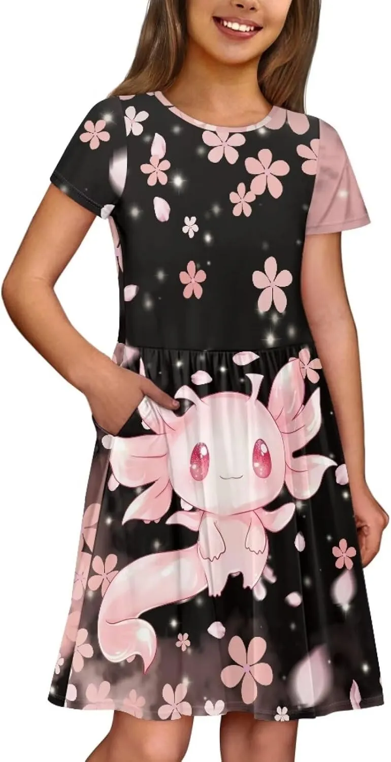 Short Sleeve Dresses for Girls School Dress with Pockets Twirly Skater Dress for 3-14 Years Old