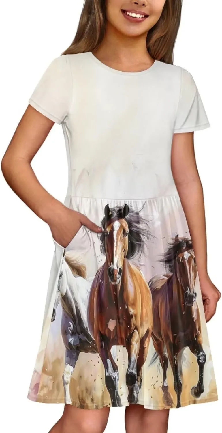 Short Sleeve Dresses for Girls School Dress with Pockets Twirly Skater Dress for 3-14 Years Old