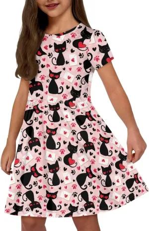 Short Sleeve Dresses for Girls School Dress with Pockets Twirly Skater Dress for 3-14 Years Old