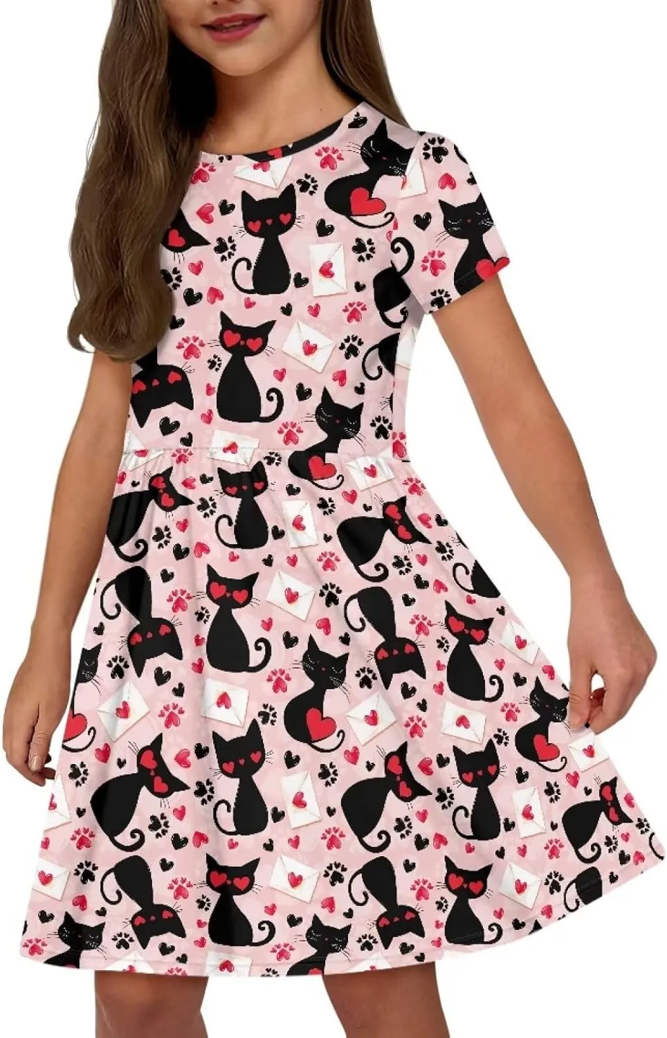 Short Sleeve Dresses for Girls School Dress with Pockets Twirly Skater Dress for 3-14 Years Old