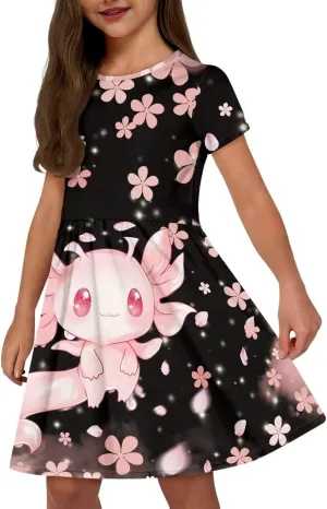 Short Sleeve Dresses for Girls School Dress with Pockets Twirly Skater Dress for 3-14 Years Old