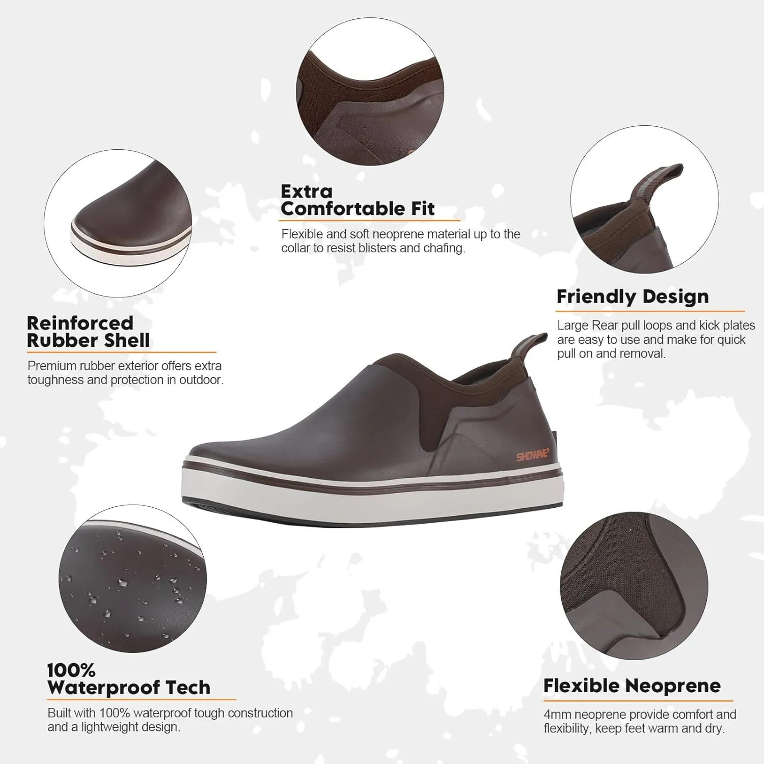 Showave Deck Shoes for Men Waterproof Garden Boots Slip-on Rain Shoes Breathable Ruber Fishing Shoes for Outdoor Mud Walking