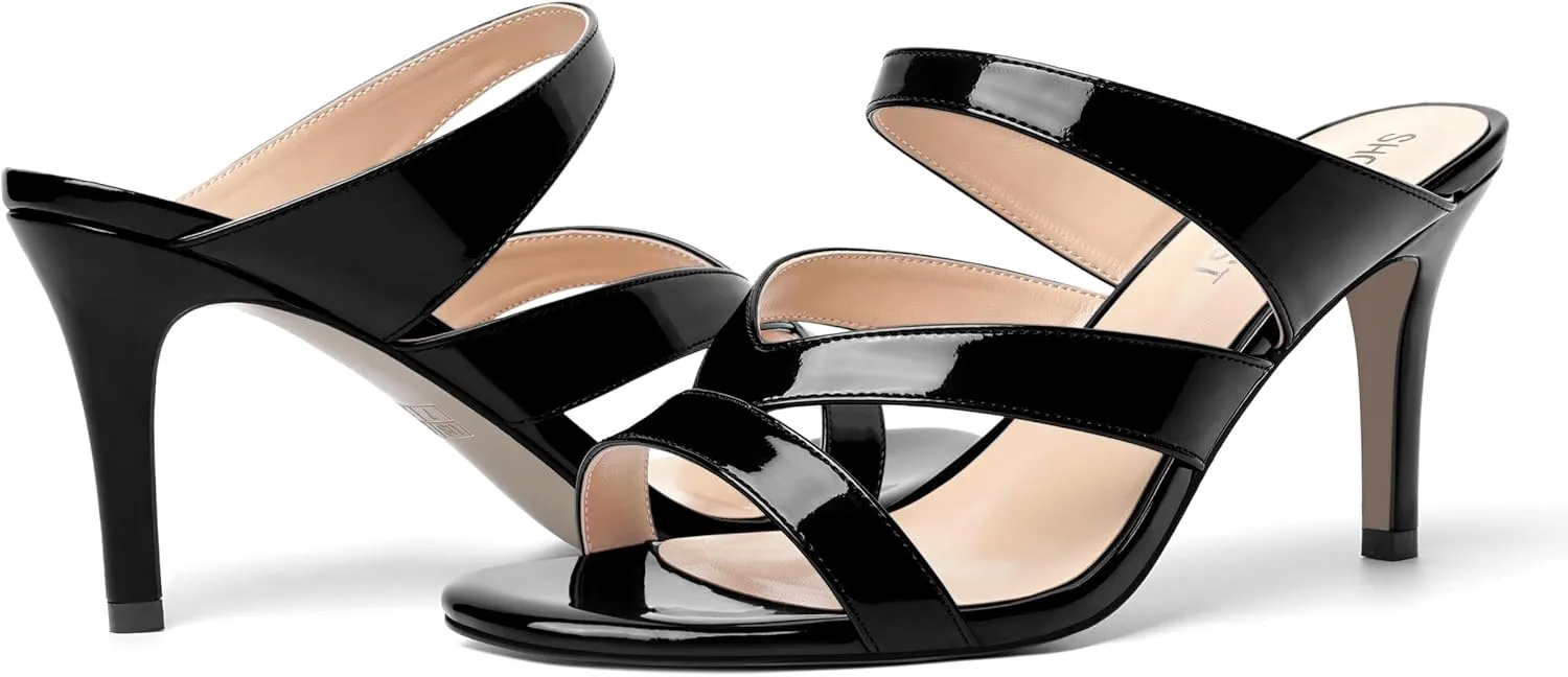 SHOWFOREST Womens Round Toe Solid Party Casual Slip On Patent Stiletto High Heel Heeled Sandals 3.3 Inch