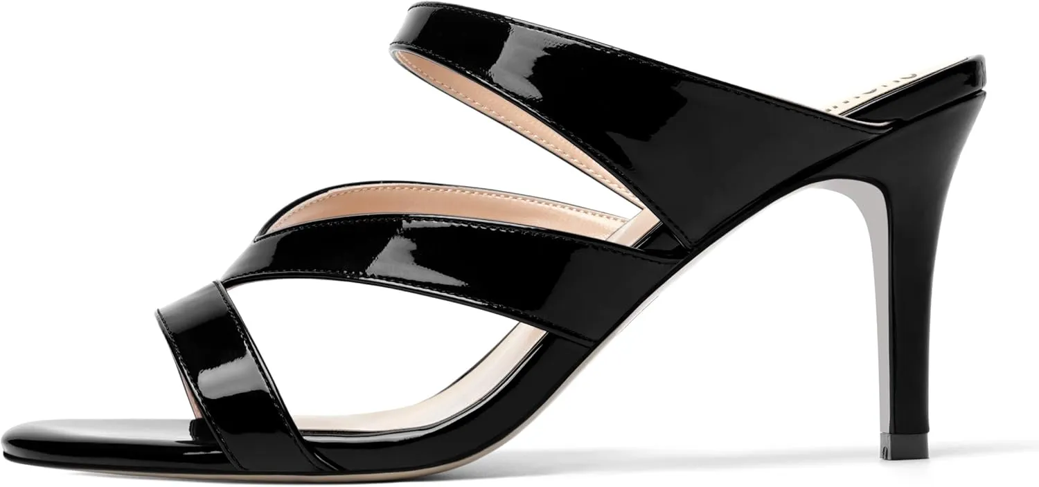 SHOWFOREST Womens Round Toe Solid Party Casual Slip On Patent Stiletto High Heel Heeled Sandals 3.3 Inch