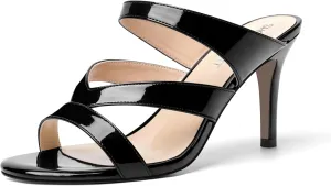 SHOWFOREST Womens Round Toe Solid Party Casual Slip On Patent Stiletto High Heel Heeled Sandals 3.3 Inch