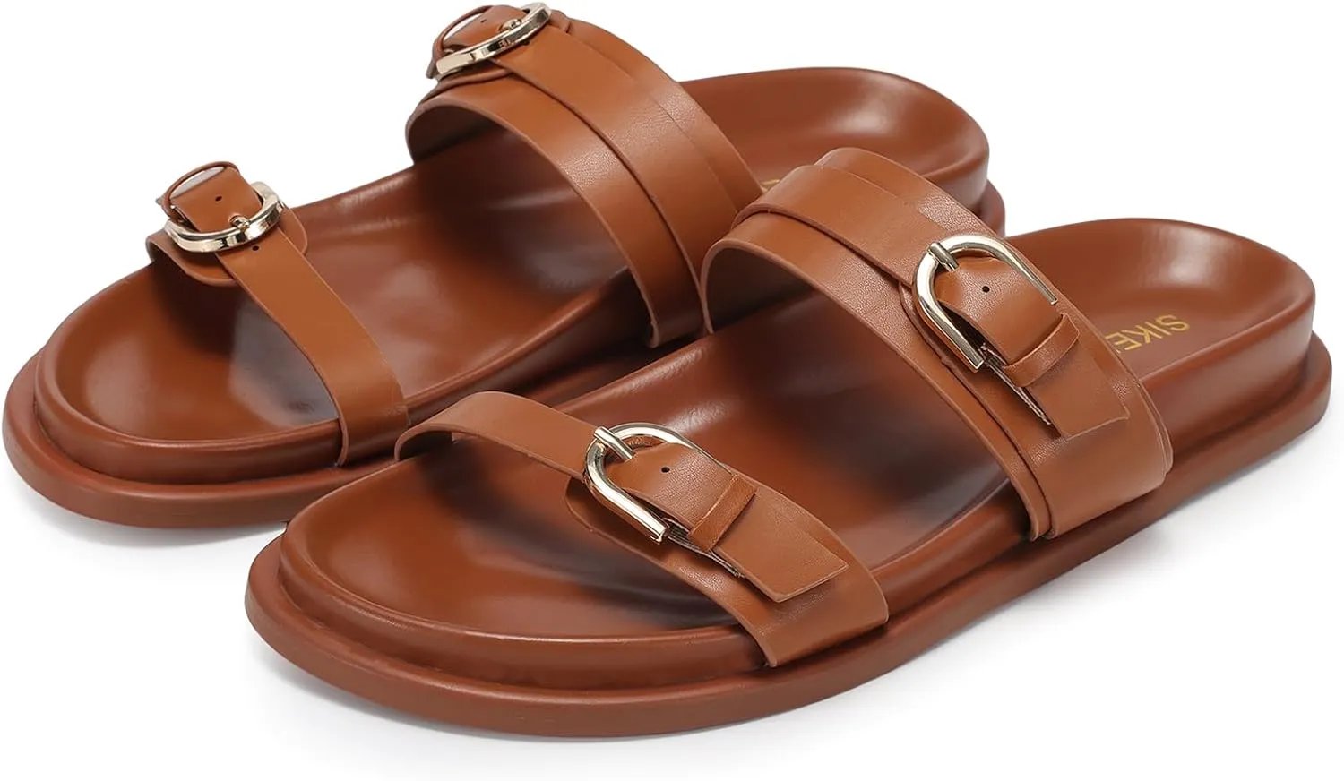 SIKELO Womens Flat Sandals Comfortable Wide Width Open Toe Slides with Adjustable Double Buckle Slip on Summer Beach Shoes
