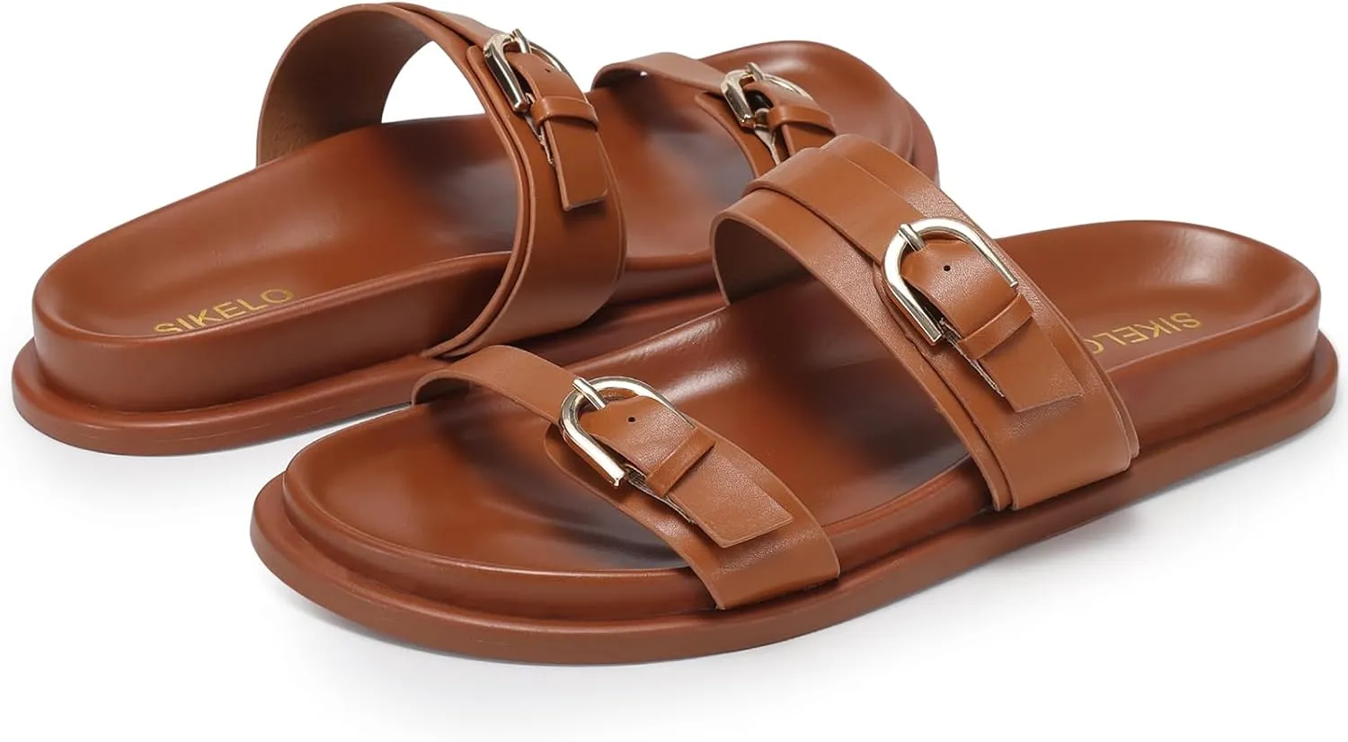 SIKELO Womens Flat Sandals Comfortable Wide Width Open Toe Slides with Adjustable Double Buckle Slip on Summer Beach Shoes