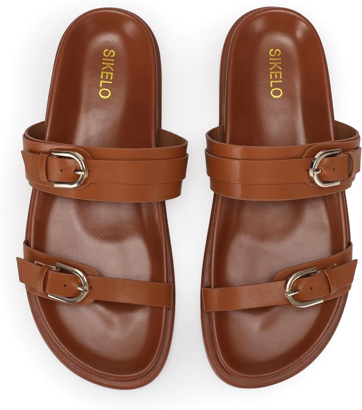 SIKELO Womens Flat Sandals Comfortable Wide Width Open Toe Slides with Adjustable Double Buckle Slip on Summer Beach Shoes