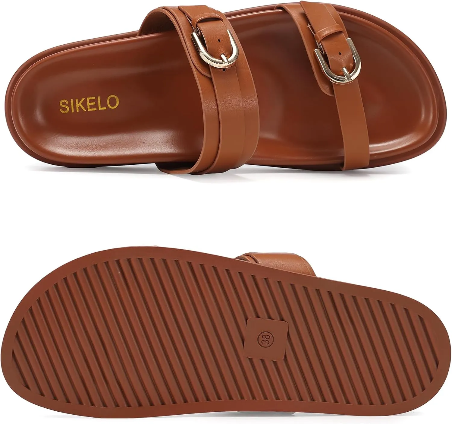SIKELO Womens Flat Sandals Comfortable Wide Width Open Toe Slides with Adjustable Double Buckle Slip on Summer Beach Shoes