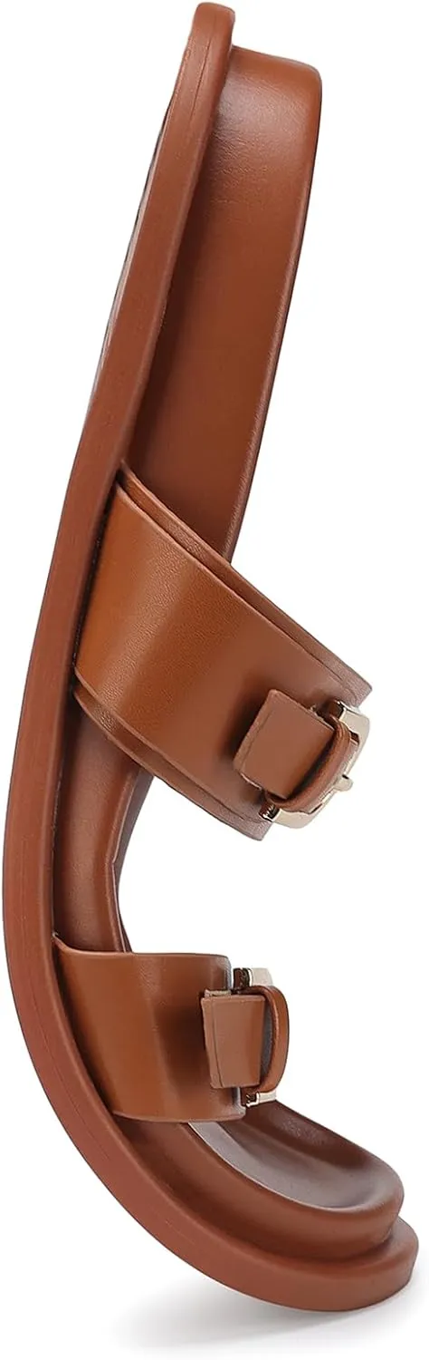 SIKELO Womens Flat Sandals Comfortable Wide Width Open Toe Slides with Adjustable Double Buckle Slip on Summer Beach Shoes
