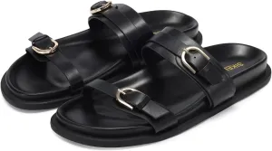 SIKELO Womens Flat Sandals Comfortable Wide Width Open Toe Slides with Adjustable Double Buckle Slip on Summer Beach Shoes