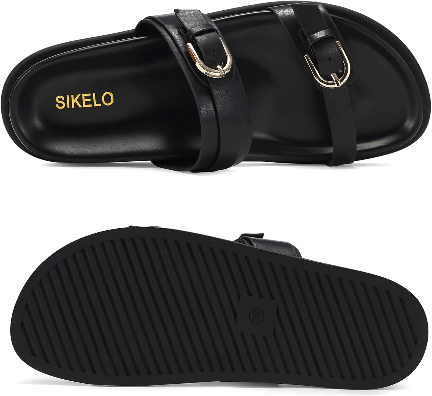SIKELO Womens Flat Sandals Comfortable Wide Width Open Toe Slides with Adjustable Double Buckle Slip on Summer Beach Shoes