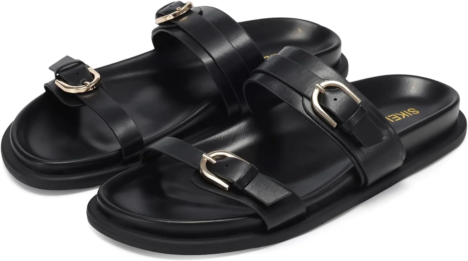 SIKELO Womens Flat Sandals Comfortable Wide Width Open Toe Slides with Adjustable Double Buckle Slip on Summer Beach Shoes