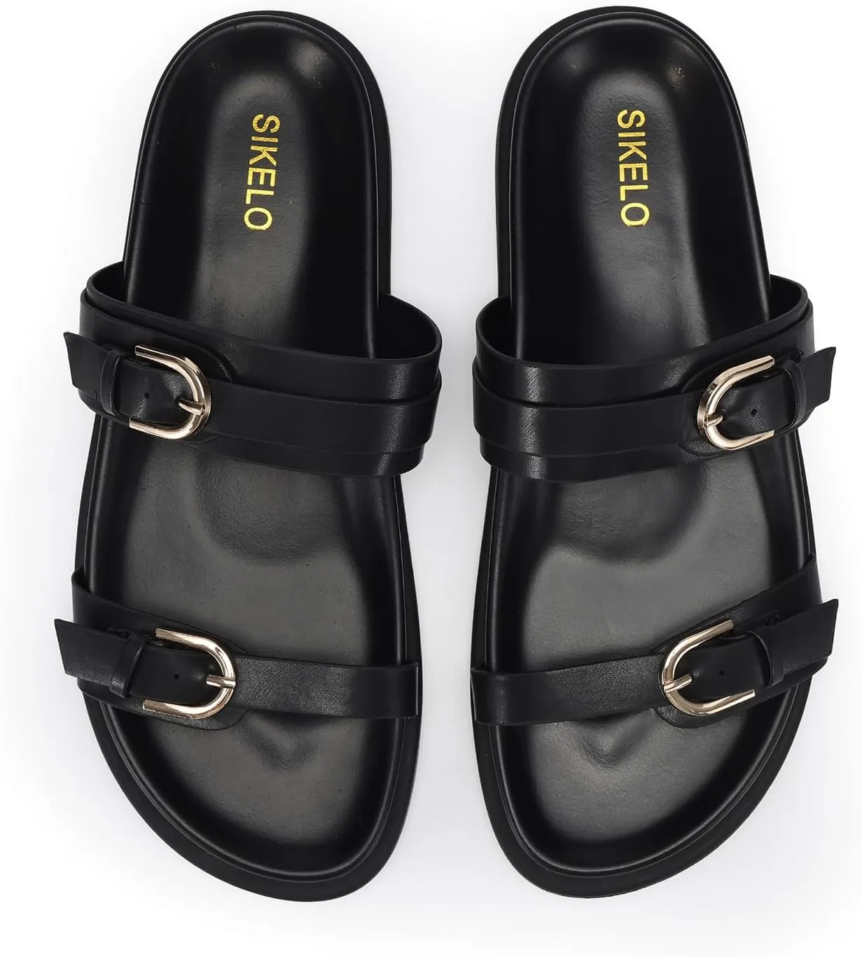 SIKELO Womens Flat Sandals Comfortable Wide Width Open Toe Slides with Adjustable Double Buckle Slip on Summer Beach Shoes
