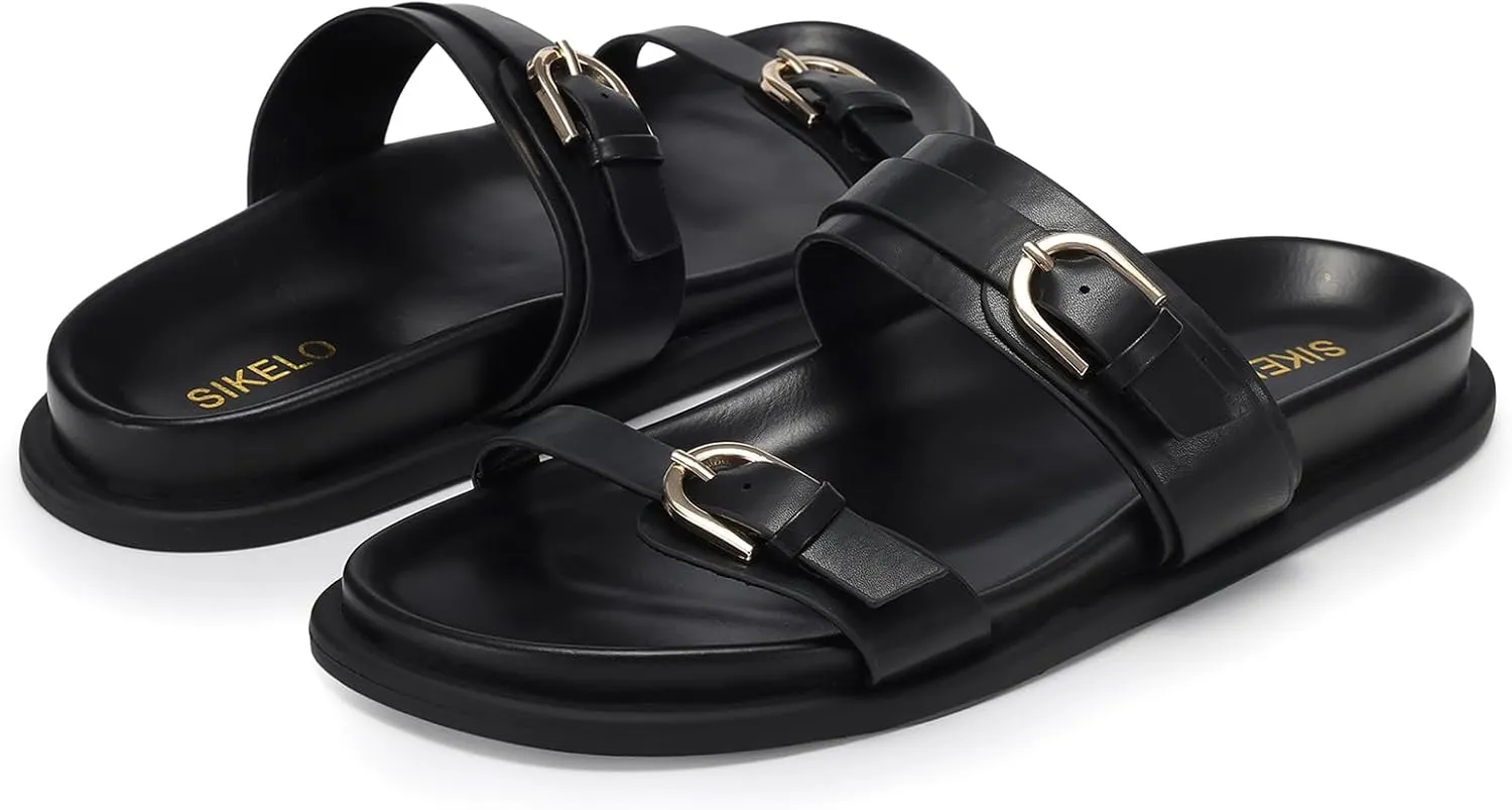 SIKELO Womens Flat Sandals Comfortable Wide Width Open Toe Slides with Adjustable Double Buckle Slip on Summer Beach Shoes