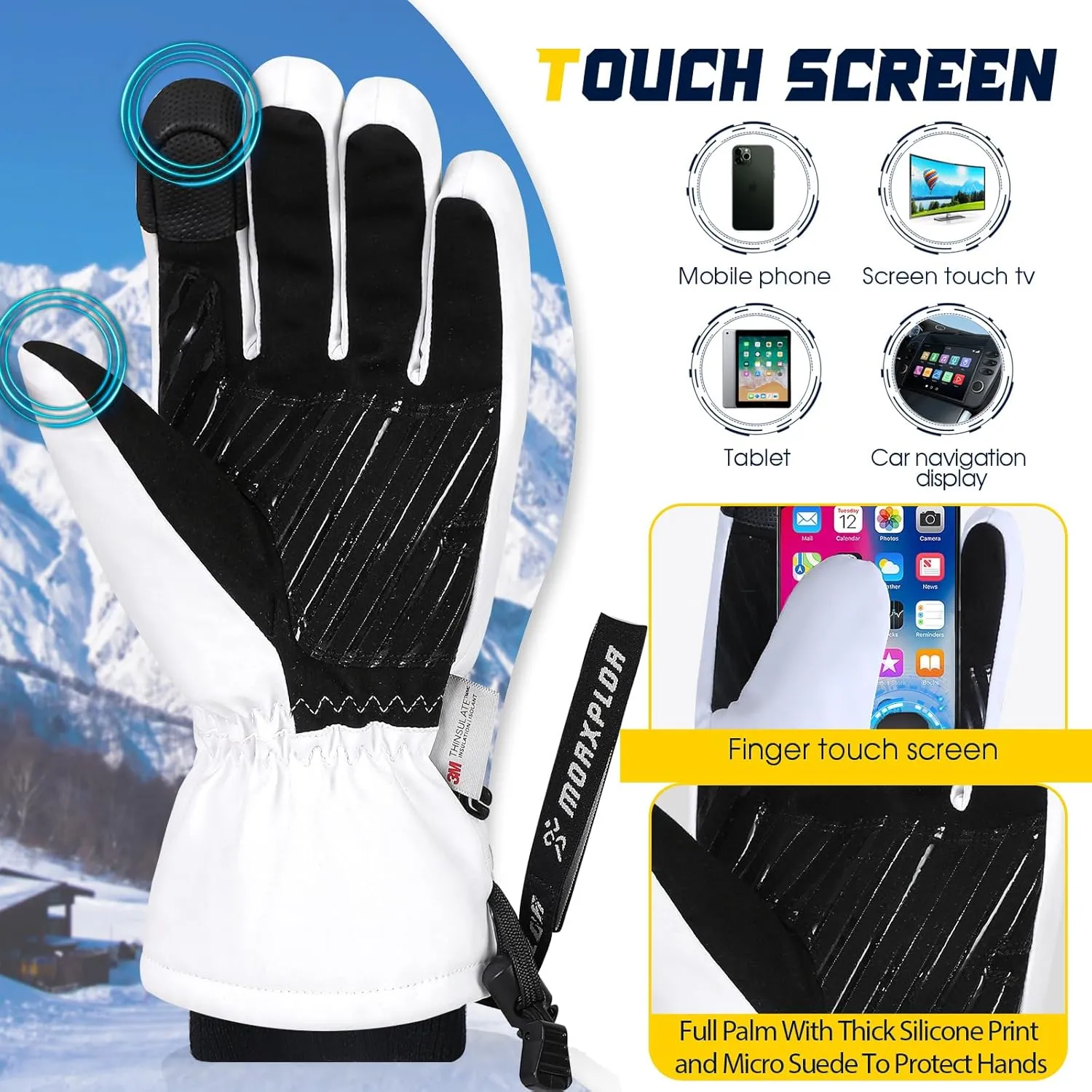 Ski Snow Gloves - 3M Thinsulate Insulated, Warm Winter Snowboard & Snowmobile Gloves for Men & Women - Waterproof & Windproof - Touchscreen Compatible
