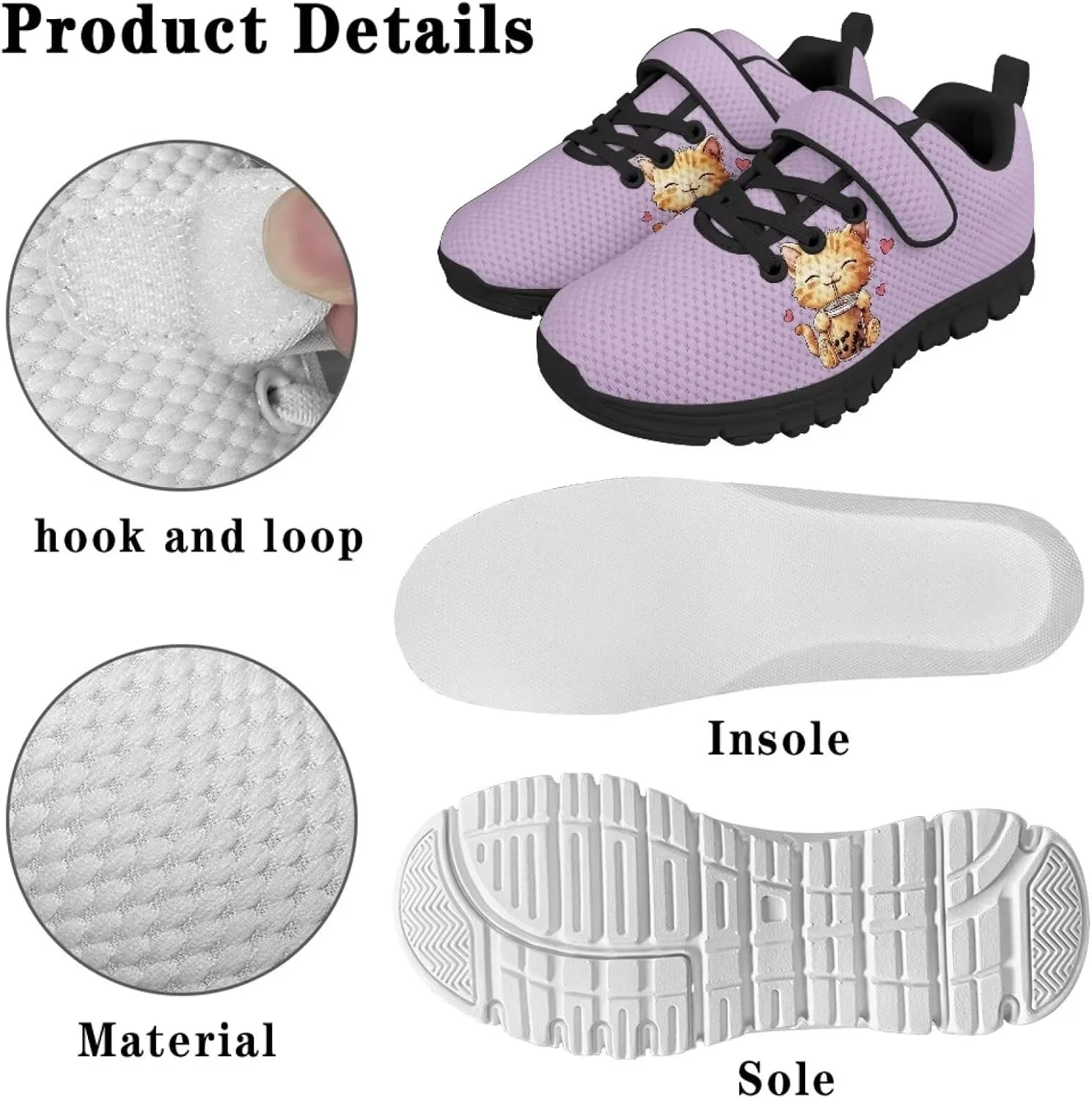 Sneakers for Girls Comfy Children Athletic Tennis Shoes Black Sole