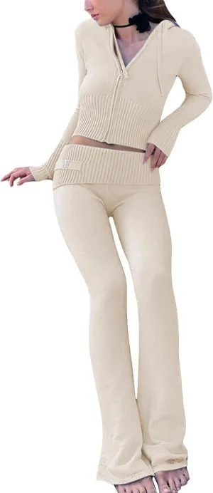 SOLILOQUY Women 's Two Piece Outfits Sweater Set Rib-Knit Pullover Top Skinny Pants Set Jumpsuit Tracksuit Loungewear
