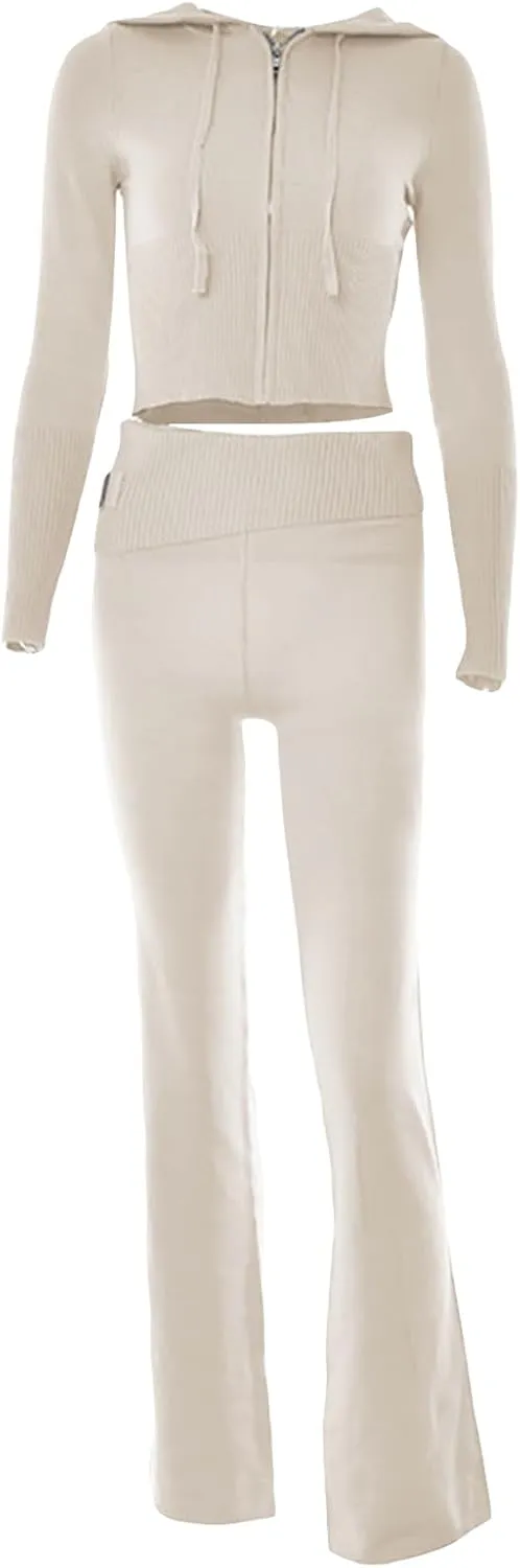 SOLILOQUY Women 's Two Piece Outfits Sweater Set Rib-Knit Pullover Top Skinny Pants Set Jumpsuit Tracksuit Loungewear